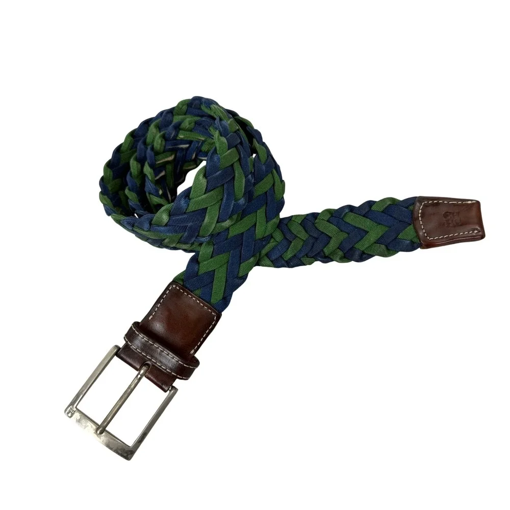 Carolina Herrera Belt Mens Blue Green Braided Woven Leather Trim Spain 46.5